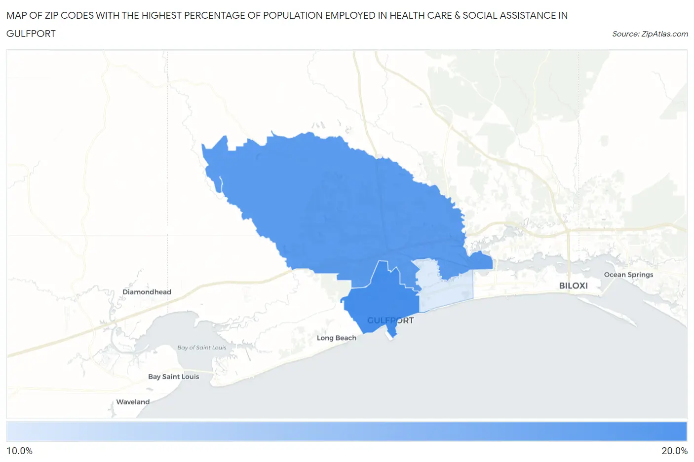 Zip Codes with the Highest Percentage of Population Employed in Health Care & Social Assistance in Gulfport Map