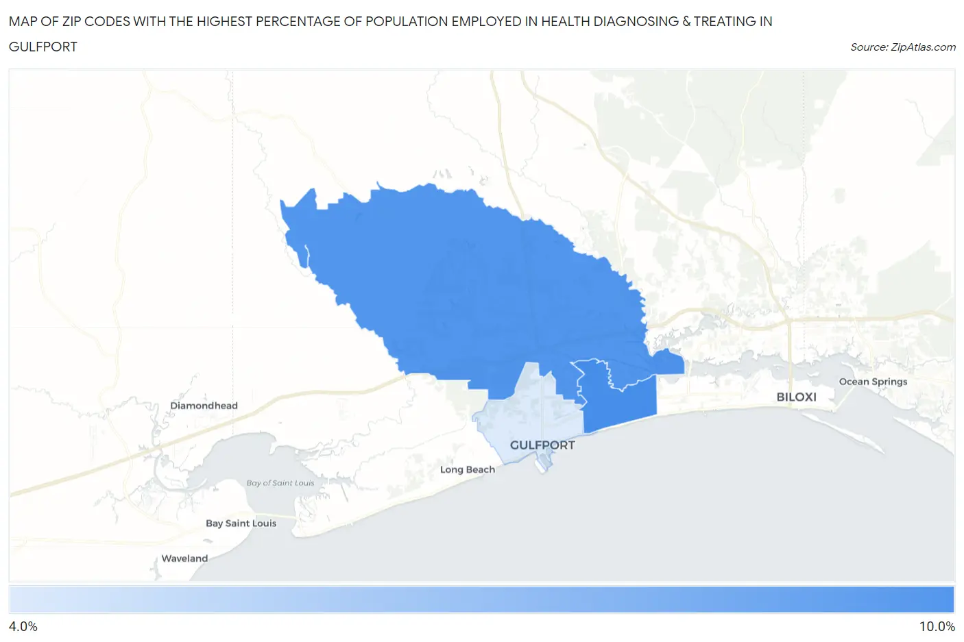 Zip Codes with the Highest Percentage of Population Employed in Health Diagnosing & Treating in Gulfport Map