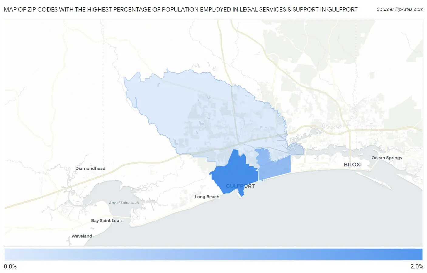 Zip Codes with the Highest Percentage of Population Employed in Legal Services & Support in Gulfport Map