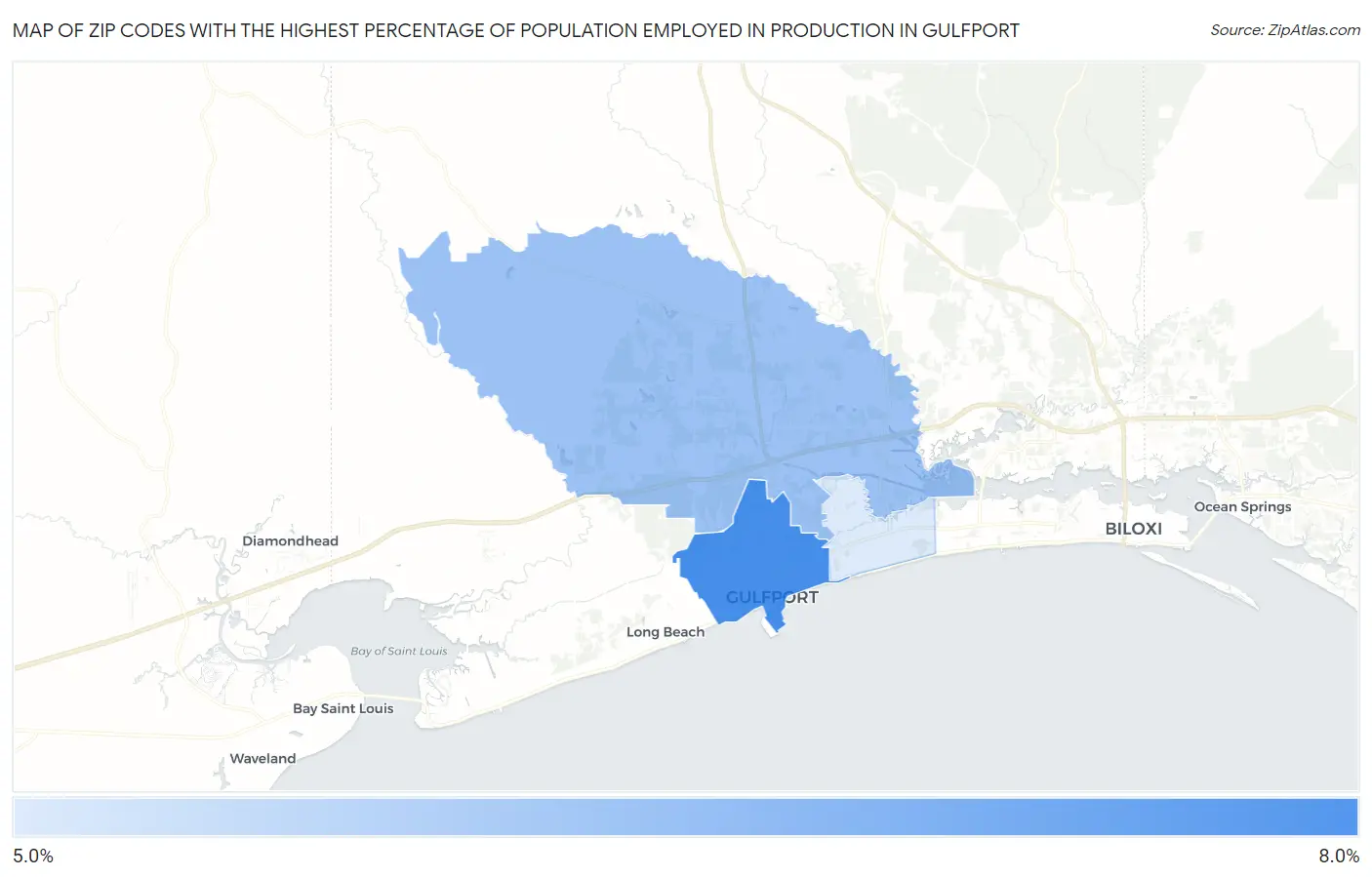 Zip Codes with the Highest Percentage of Population Employed in Production in Gulfport Map
