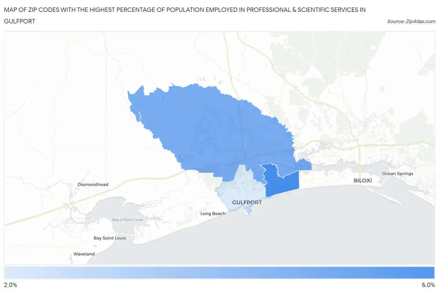 Zip Codes with the Highest Percentage of Population Employed in Professional & Scientific Services in Gulfport Map