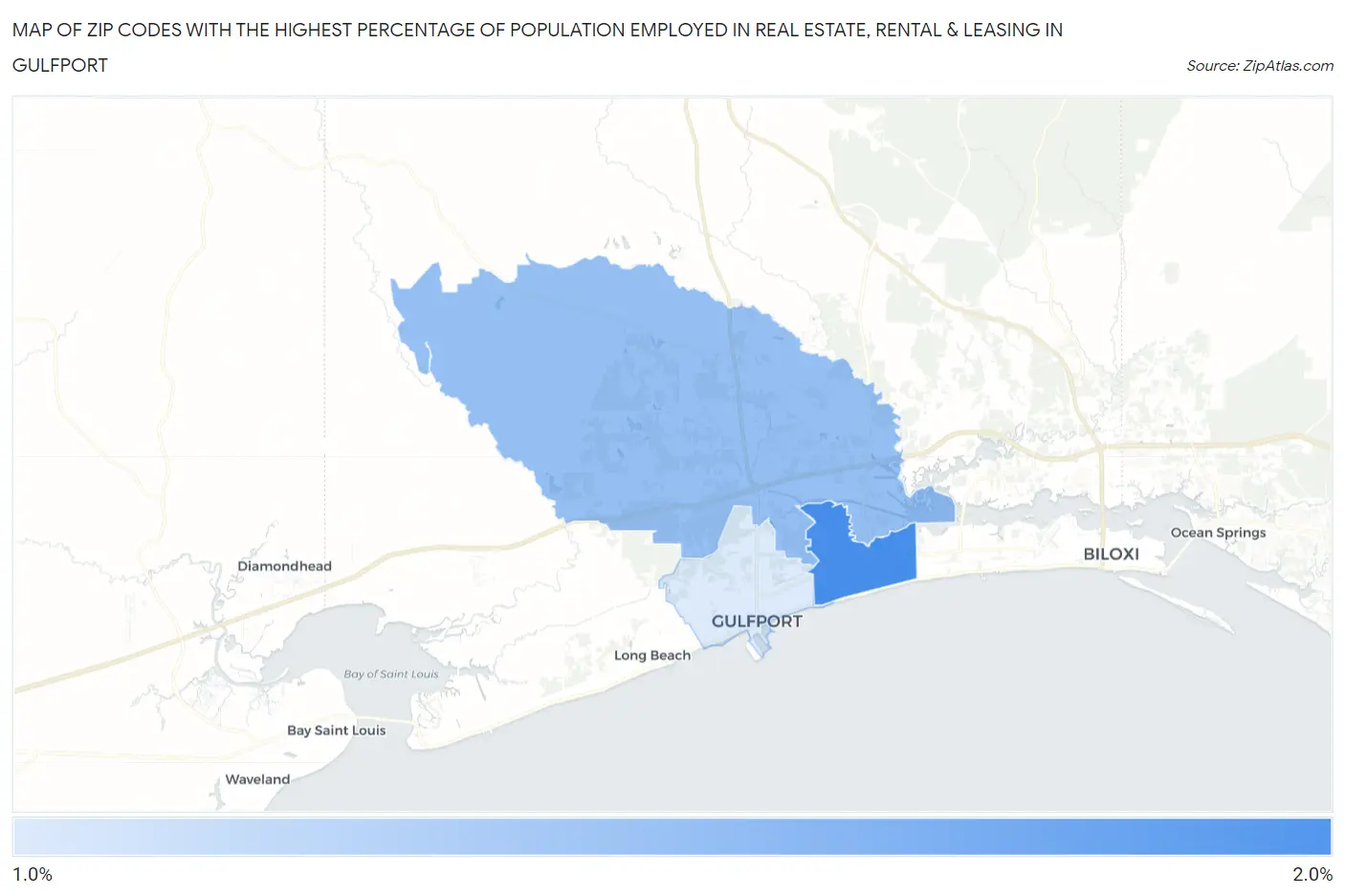 Zip Codes with the Highest Percentage of Population Employed in Real Estate, Rental & Leasing in Gulfport Map