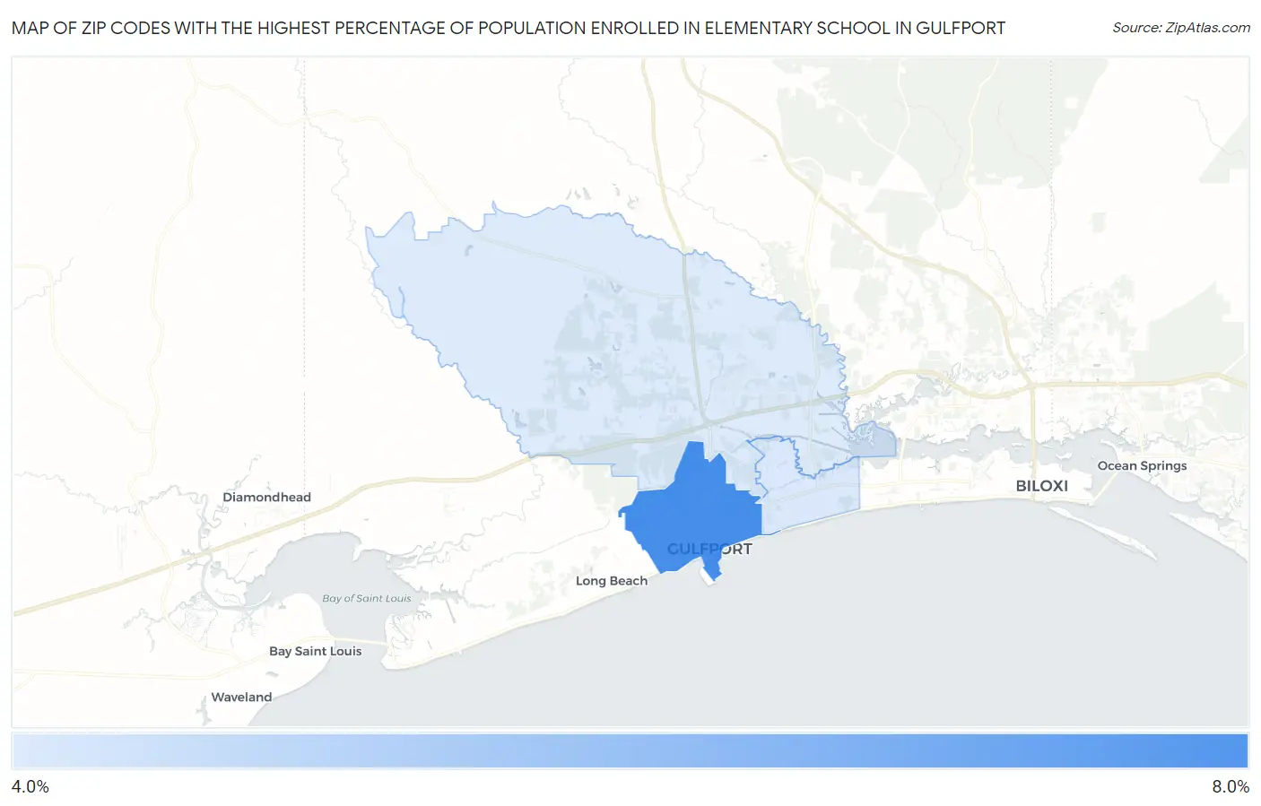 Zip Codes with the Highest Percentage of Population Enrolled in Elementary School in Gulfport Map