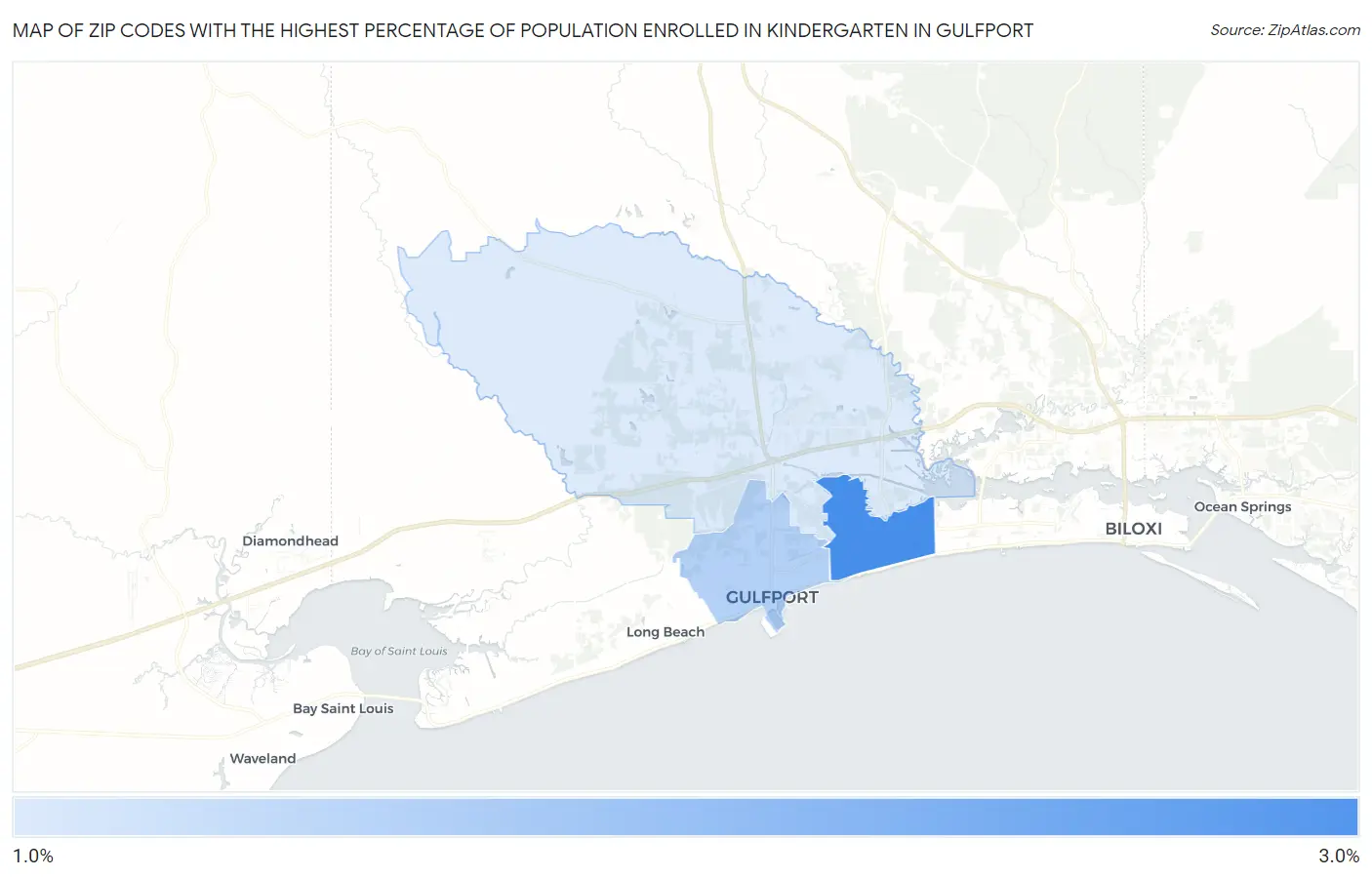 Zip Codes with the Highest Percentage of Population Enrolled in Kindergarten in Gulfport Map