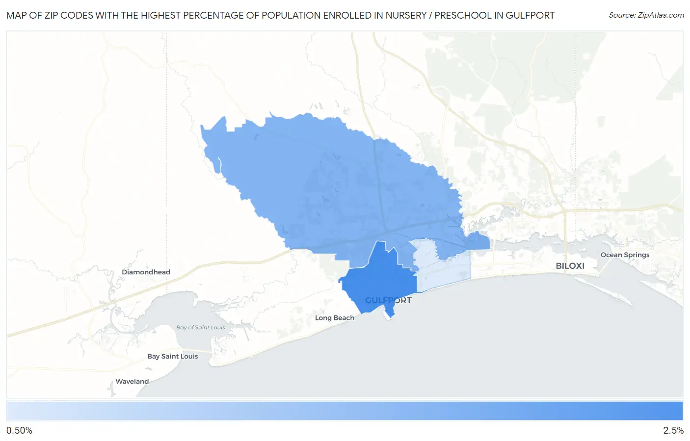 Zip Codes with the Highest Percentage of Population Enrolled in Nursery / Preschool in Gulfport Map
