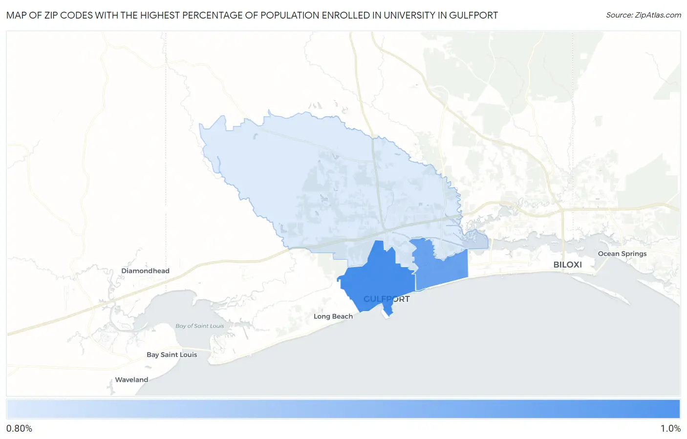 Zip Codes with the Highest Percentage of Population Enrolled in University in Gulfport Map