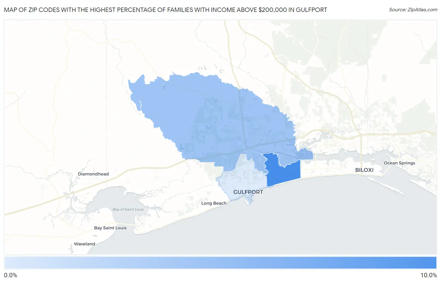 Zip Codes with the Highest Percentage of Families with Income Above $200,000 in Gulfport Map