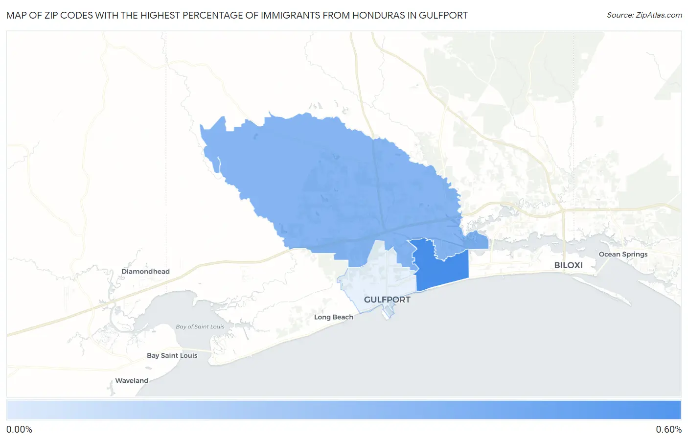 Zip Codes with the Highest Percentage of Immigrants from Honduras in Gulfport Map