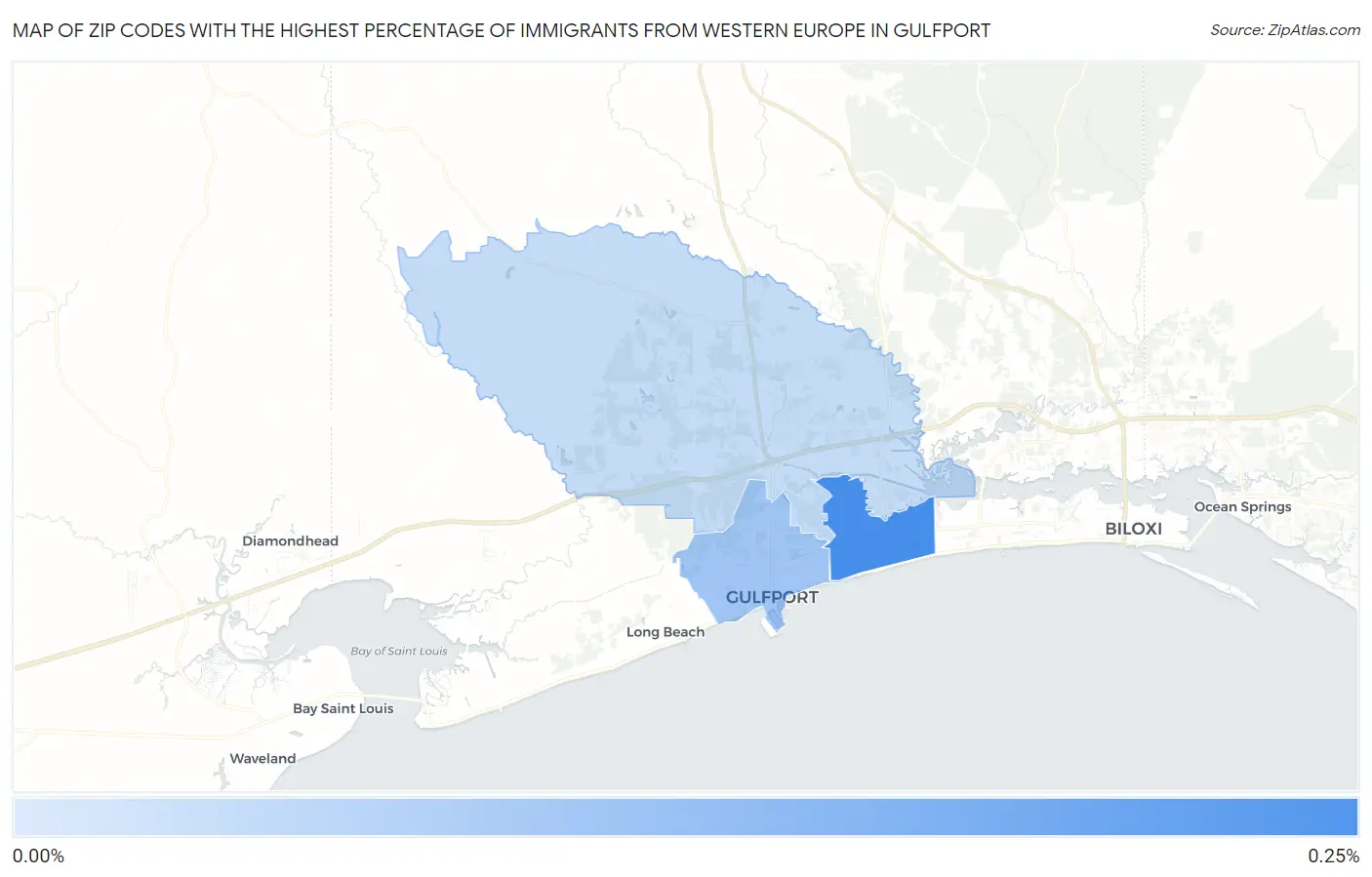 Zip Codes with the Highest Percentage of Immigrants from Western Europe in Gulfport Map