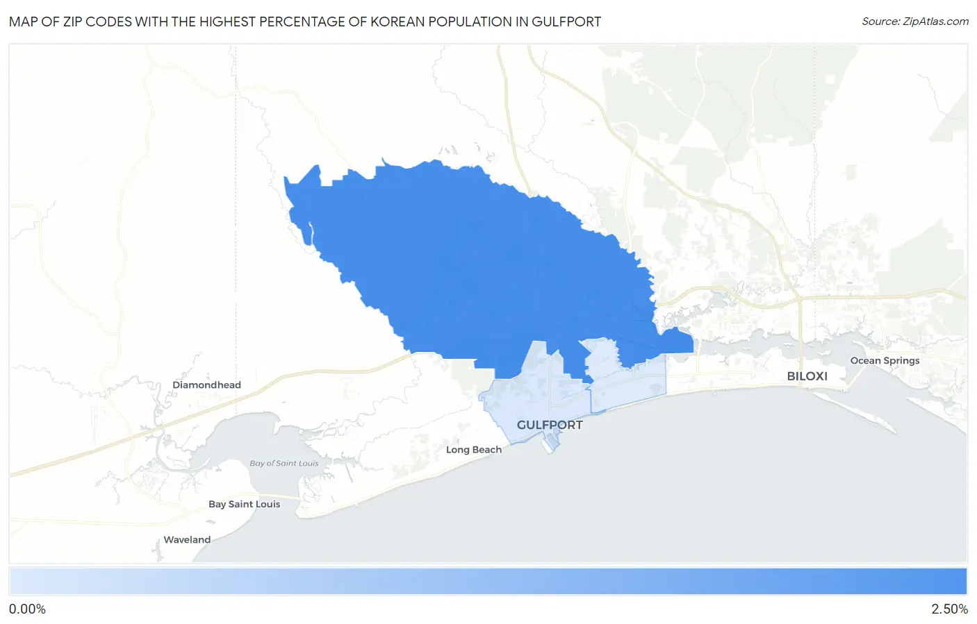 Zip Codes with the Highest Percentage of Korean Population in Gulfport Map