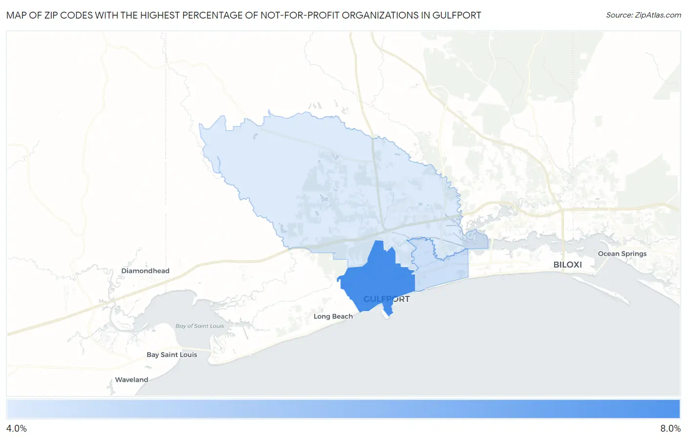 Zip Codes with the Highest Percentage of Not-for-profit Organizations in Gulfport Map
