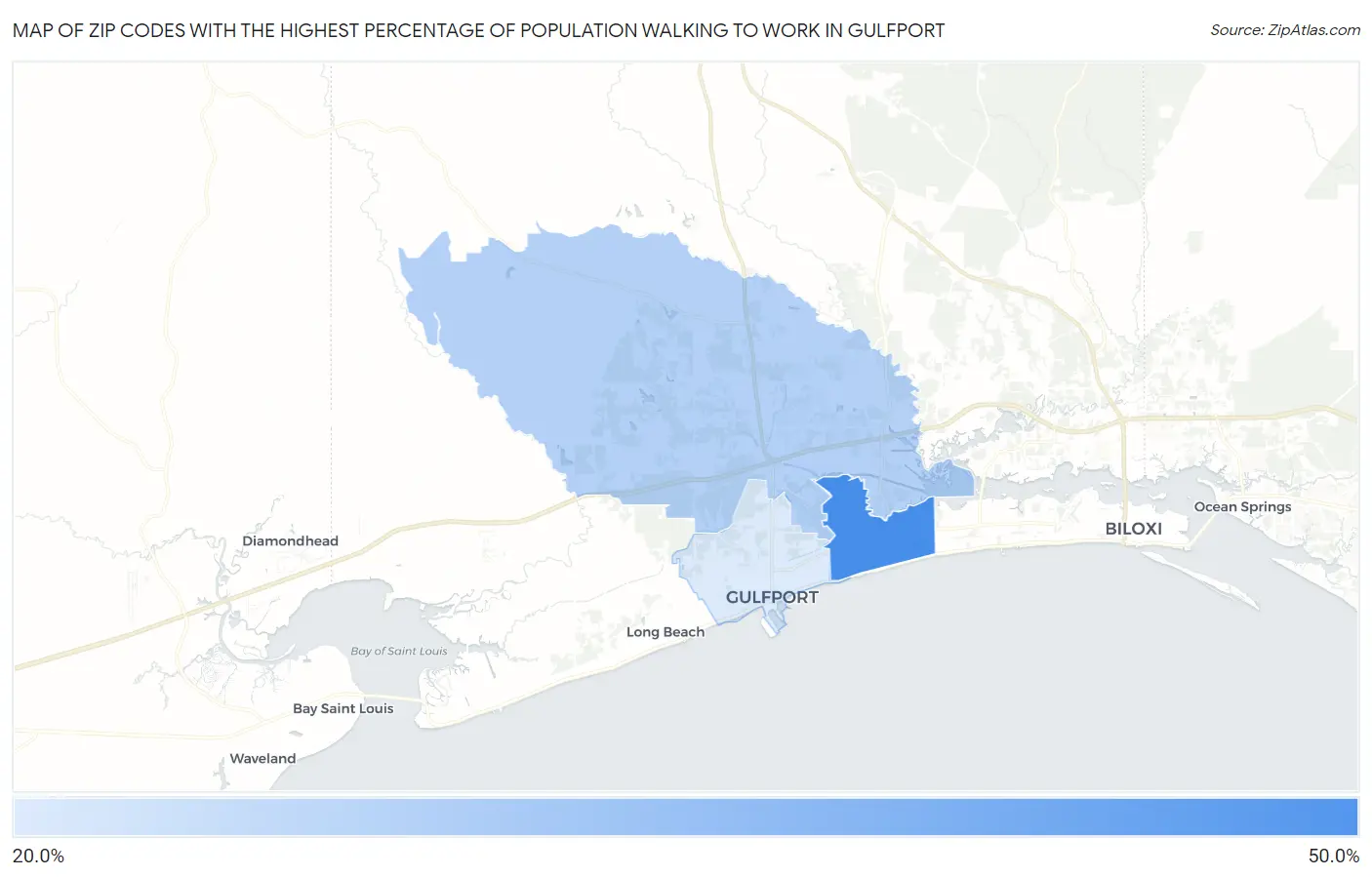 Zip Codes with the Highest Percentage of Population Walking to Work in Gulfport Map