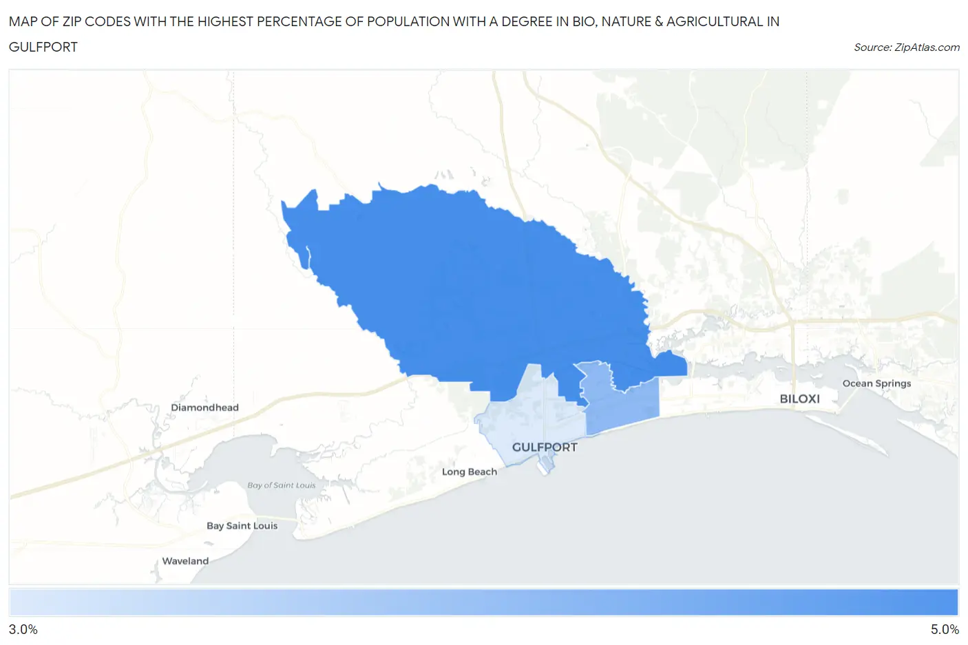 Zip Codes with the Highest Percentage of Population with a Degree in Bio, Nature & Agricultural in Gulfport Map
