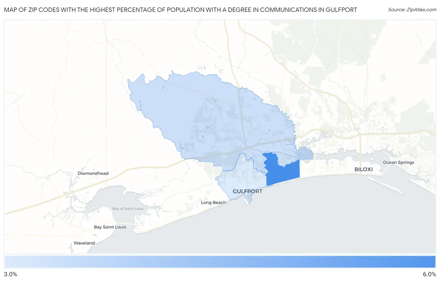 Zip Codes with the Highest Percentage of Population with a Degree in Communications in Gulfport Map