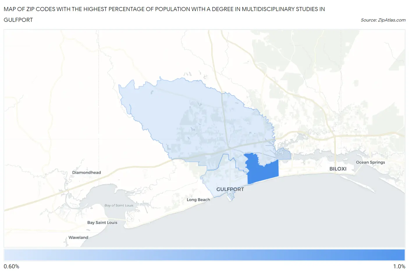 Zip Codes with the Highest Percentage of Population with a Degree in Multidisciplinary Studies in Gulfport Map