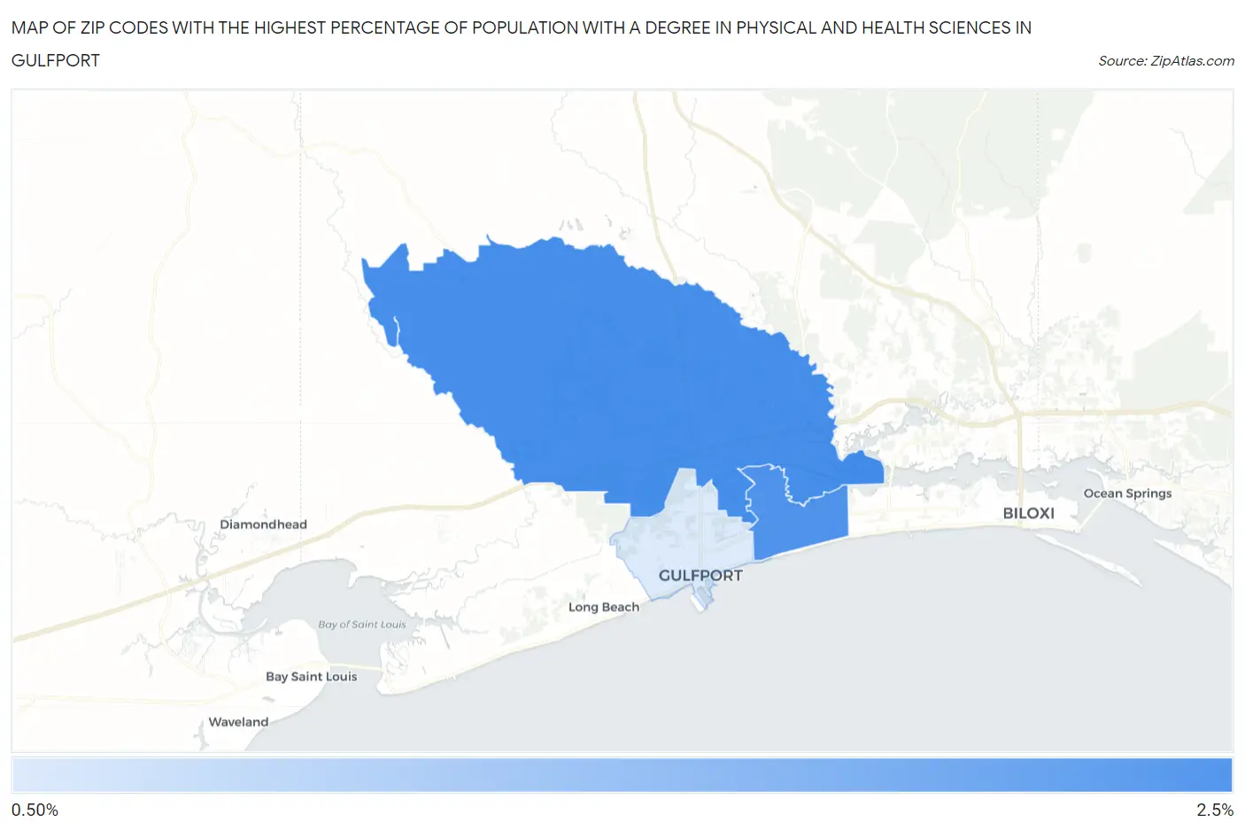 Zip Codes with the Highest Percentage of Population with a Degree in Physical and Health Sciences in Gulfport Map