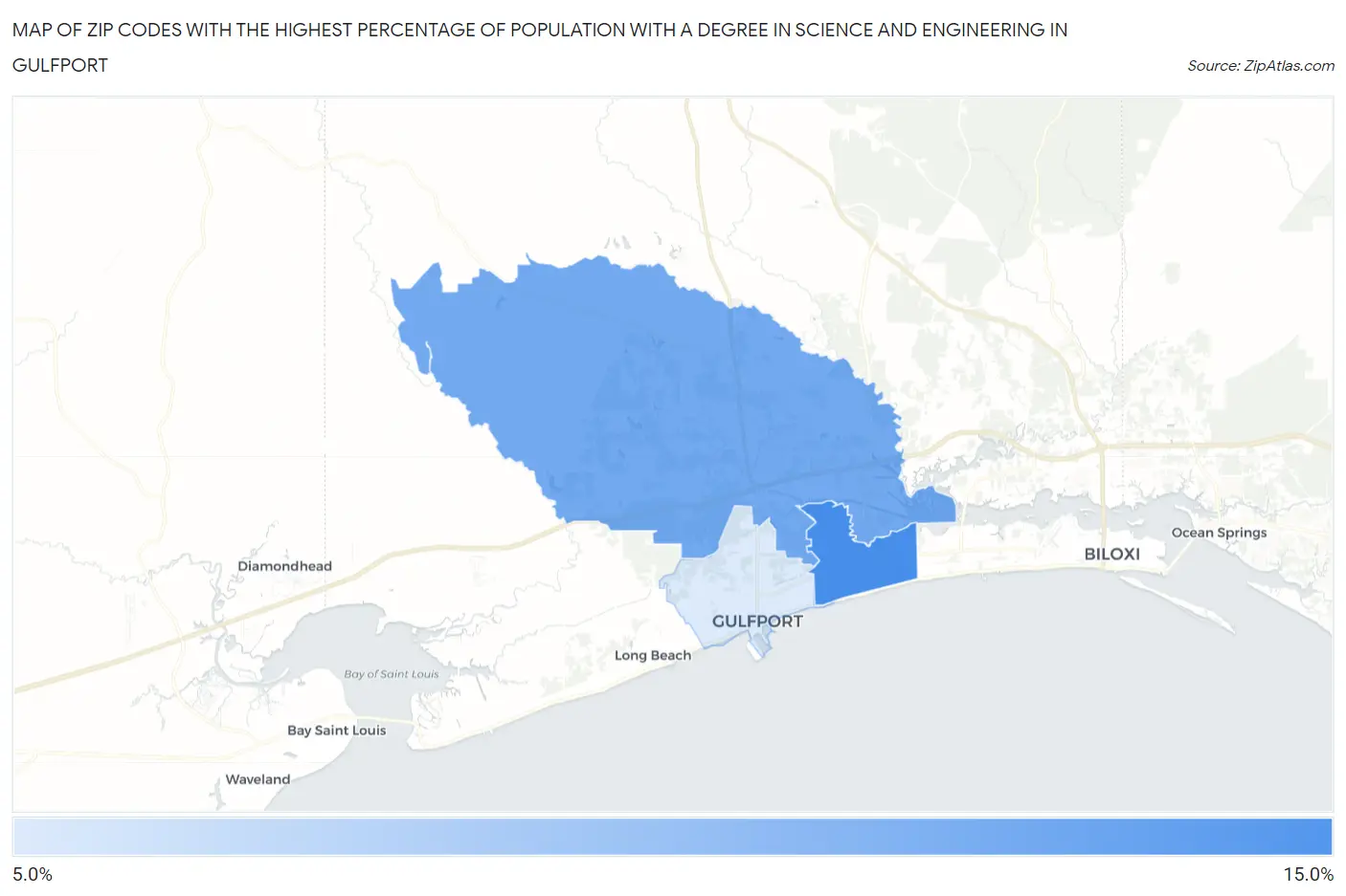 Zip Codes with the Highest Percentage of Population with a Degree in Science and Engineering in Gulfport Map