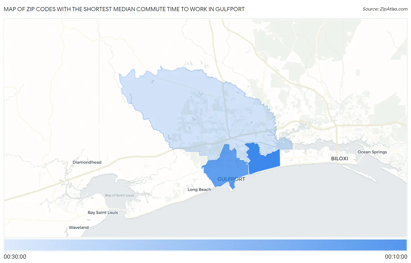 Zip Codes with the Shortest Median Commute Time to Work in Gulfport Map