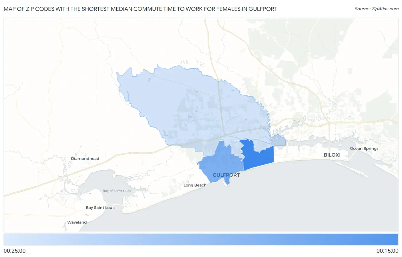 Zip Codes with the Shortest Median Commute Time to Work for Females in Gulfport Map