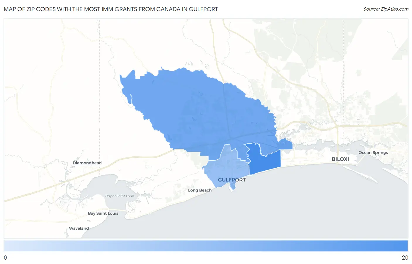 Zip Codes with the Most Immigrants from Canada in Gulfport Map