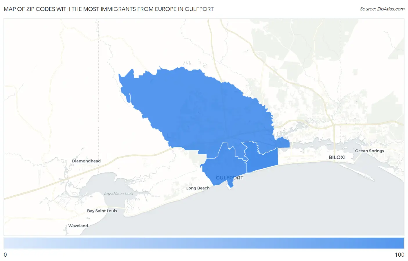 Zip Codes with the Most Immigrants from Europe in Gulfport Map