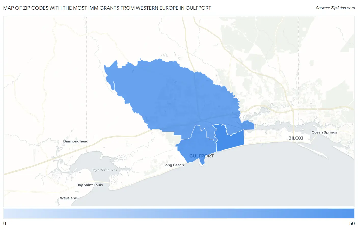 Zip Codes with the Most Immigrants from Western Europe in Gulfport Map