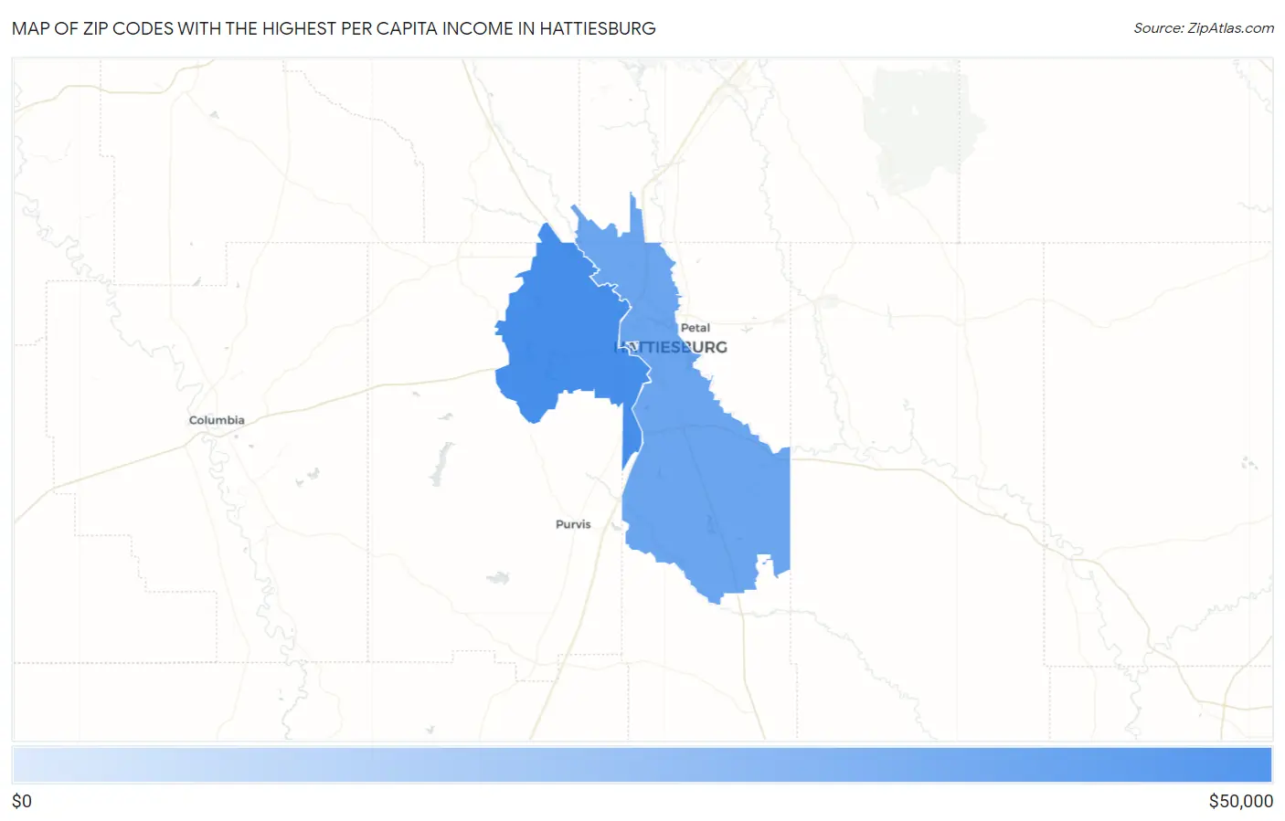 Zip Codes with the Highest Per Capita Income in Hattiesburg Map