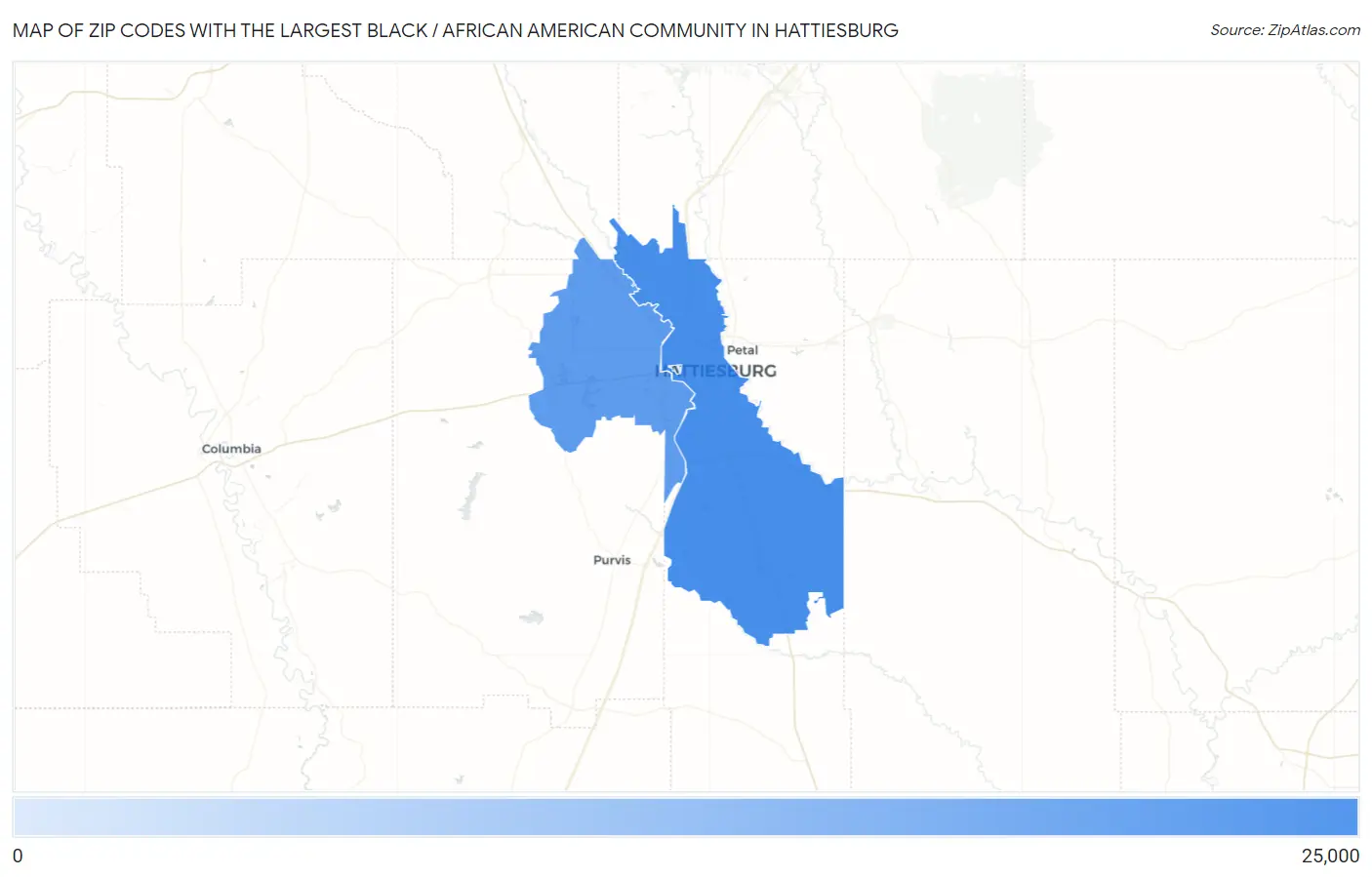 Zip Codes with the Largest Black / African American Community in Hattiesburg Map