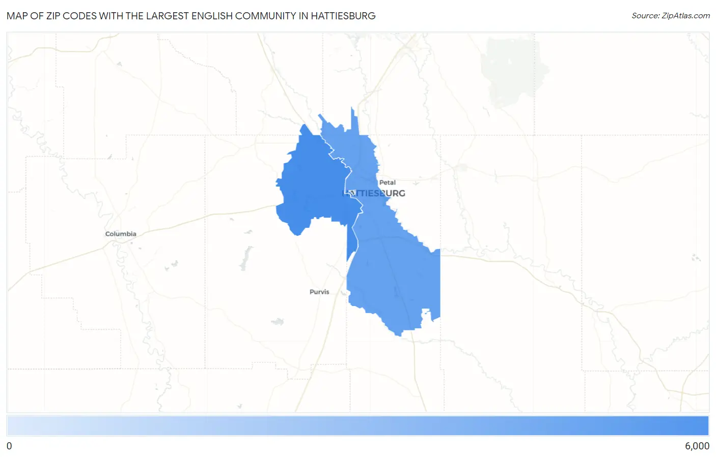 Zip Codes with the Largest English Community in Hattiesburg Map