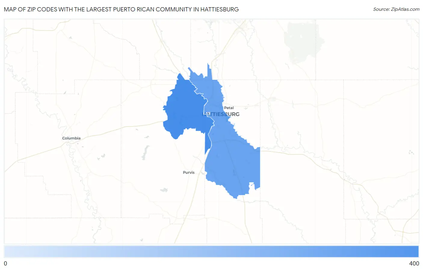 Zip Codes with the Largest Puerto Rican Community in Hattiesburg Map