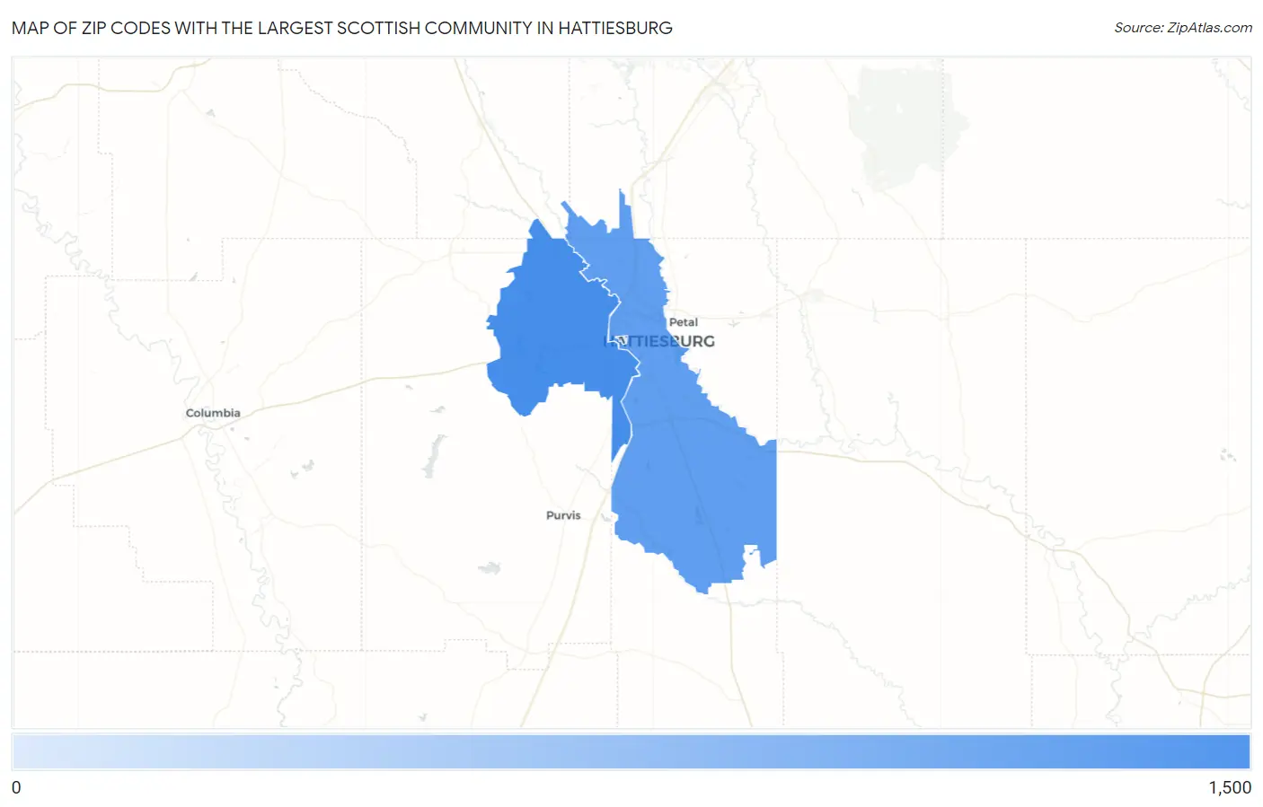 Zip Codes with the Largest Scottish Community in Hattiesburg Map