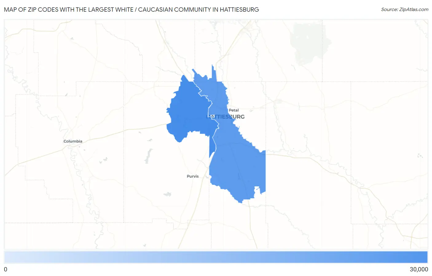 Zip Codes with the Largest White / Caucasian Community in Hattiesburg Map