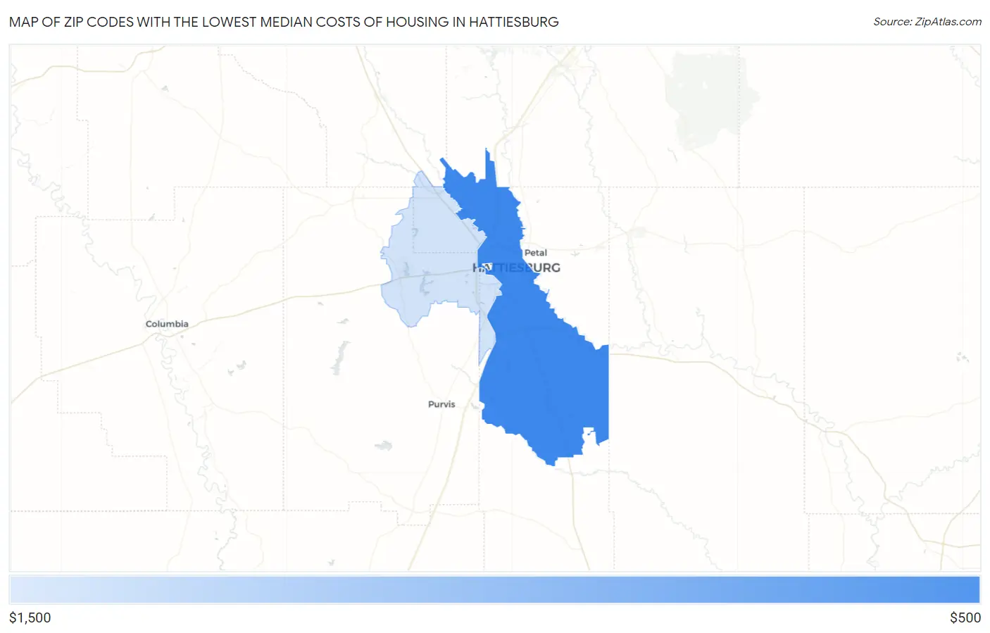 Zip Codes with the Lowest Median Costs of Housing in Hattiesburg Map
