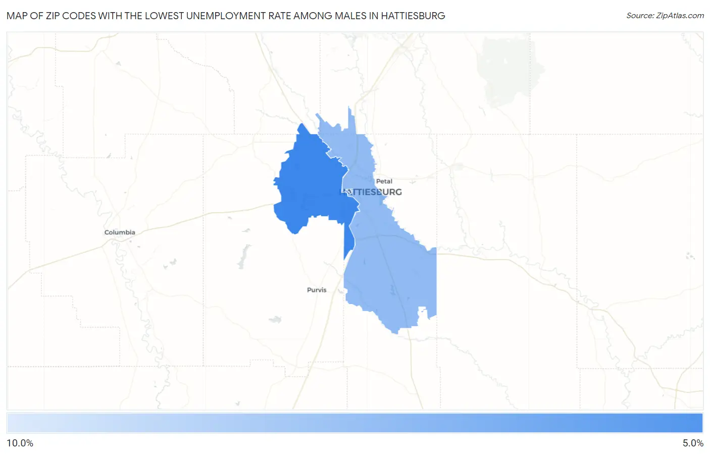 Zip Codes with the Lowest Unemployment Rate Among Males in Hattiesburg Map