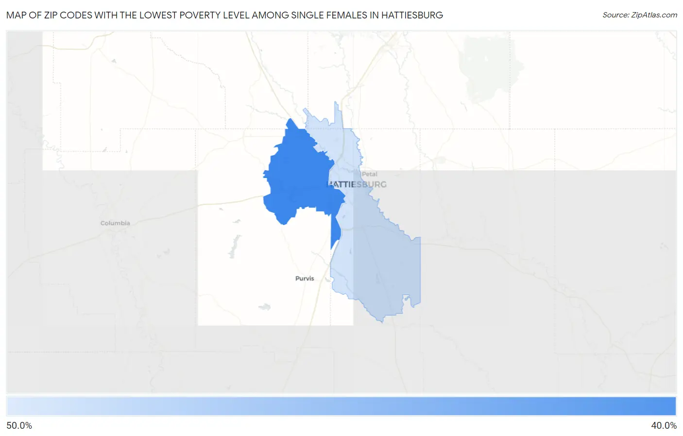Zip Codes with the Lowest Poverty Level Among Single Females in Hattiesburg Map