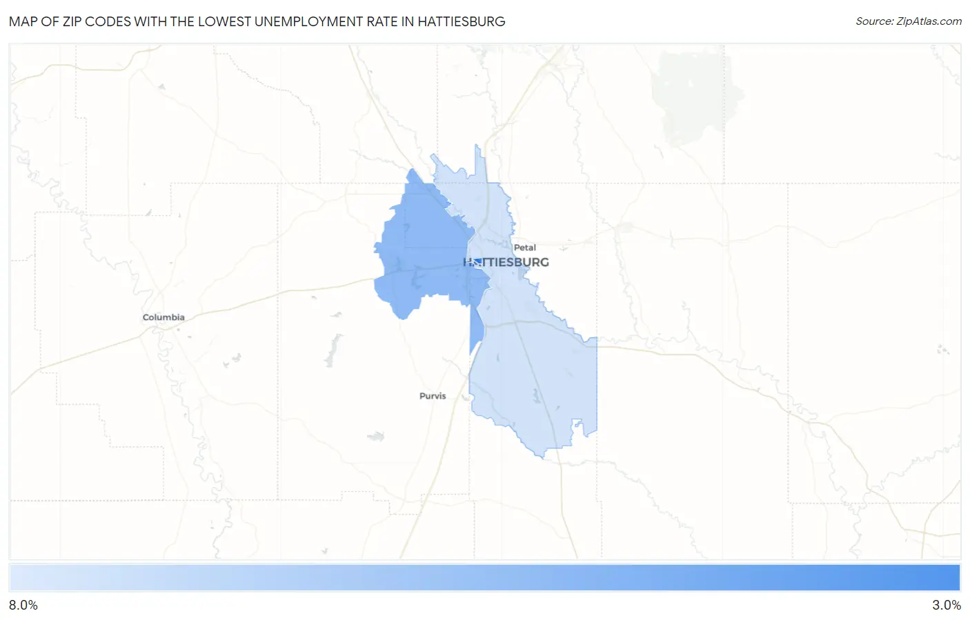 Zip Codes with the Lowest Unemployment Rate in Hattiesburg Map