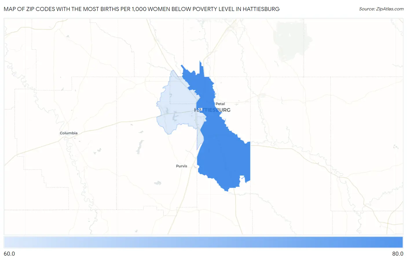 Zip Codes with the Most Births per 1,000 Women Below Poverty Level in Hattiesburg Map