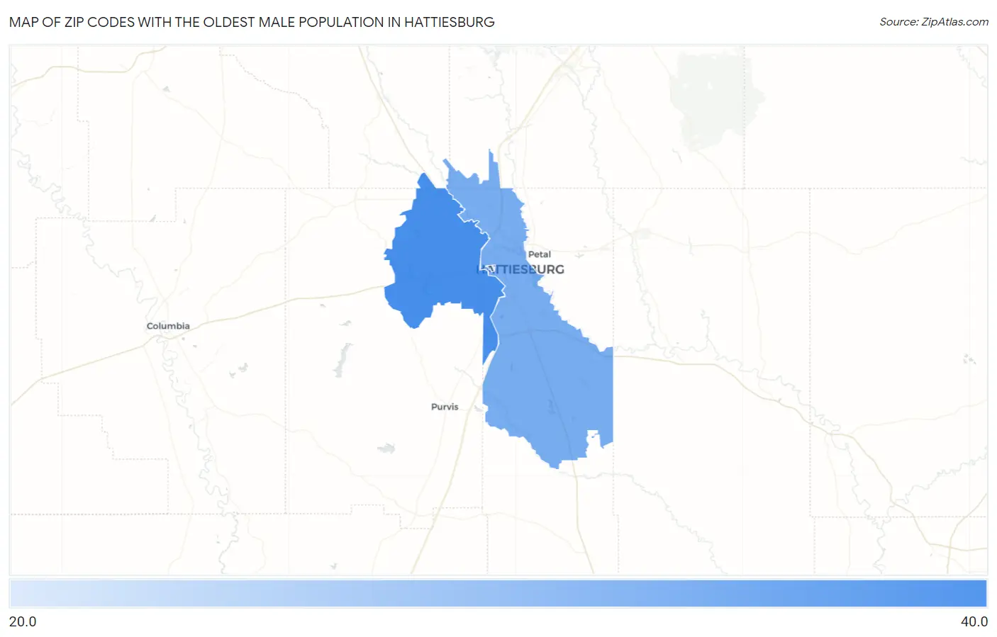Zip Codes with the Oldest Male Population in Hattiesburg Map