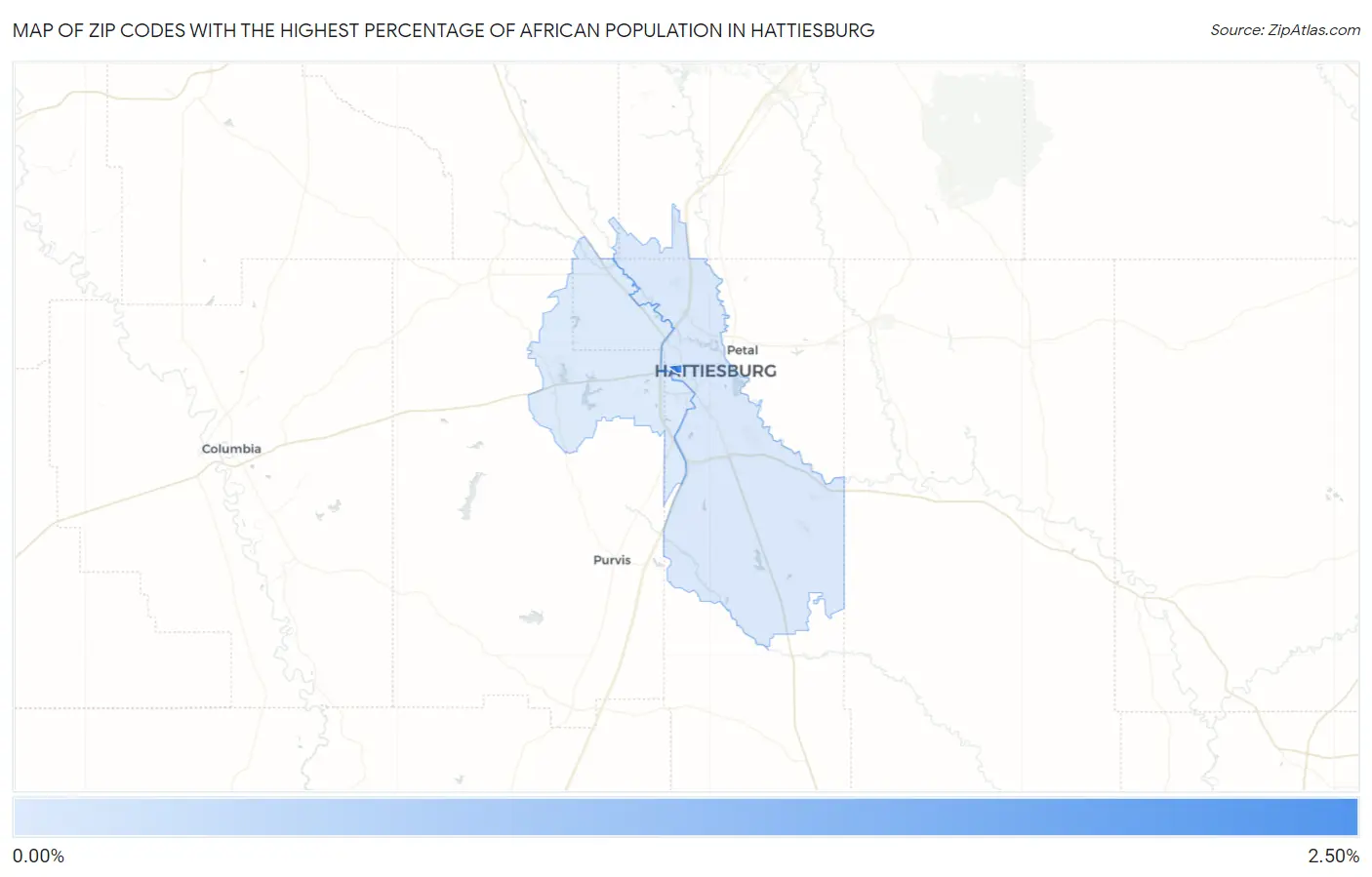 Zip Codes with the Highest Percentage of African Population in Hattiesburg Map