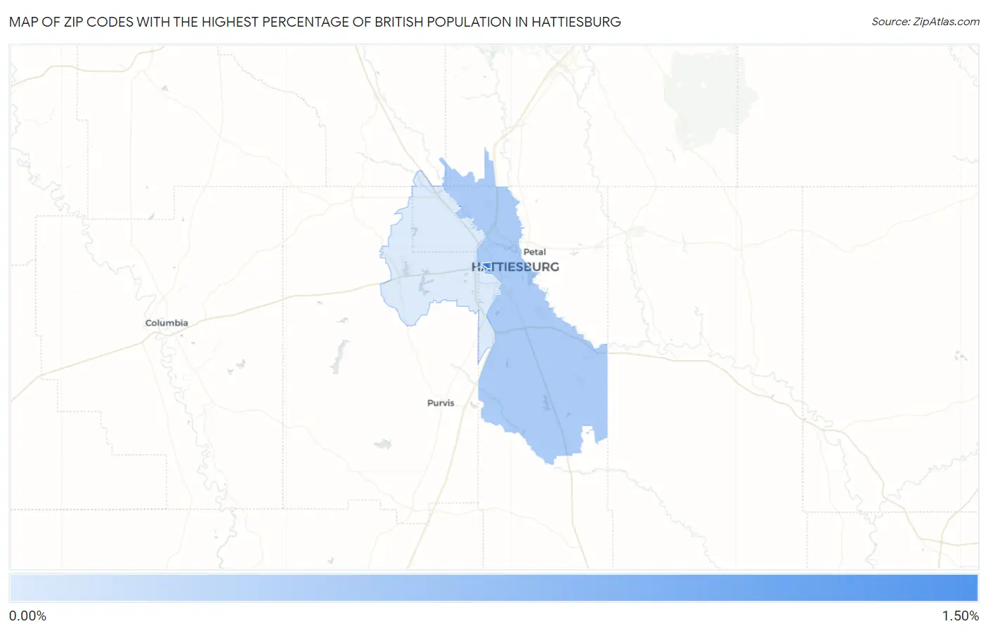 Zip Codes with the Highest Percentage of British Population in Hattiesburg Map