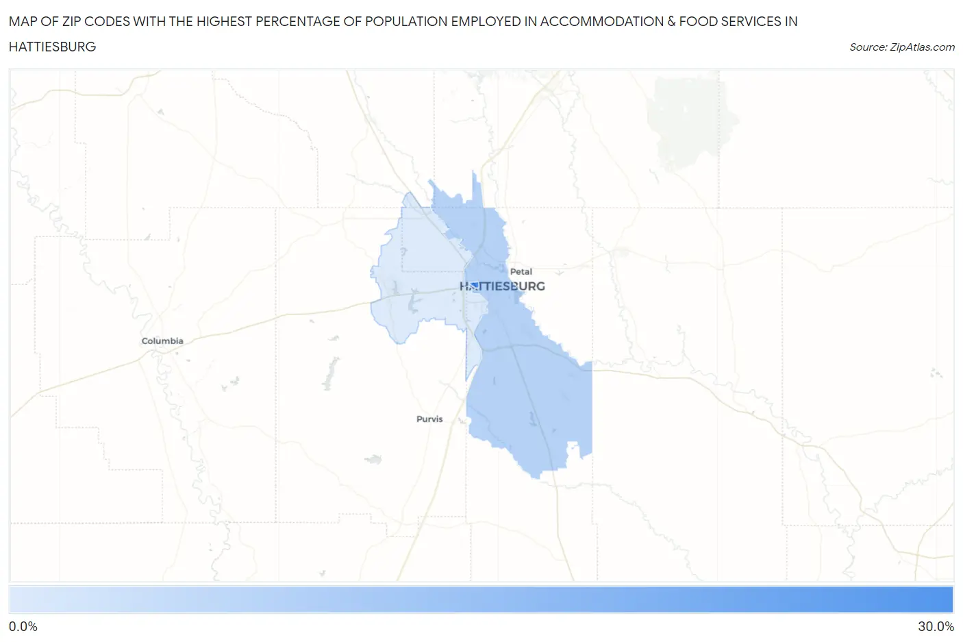 Zip Codes with the Highest Percentage of Population Employed in Accommodation & Food Services in Hattiesburg Map