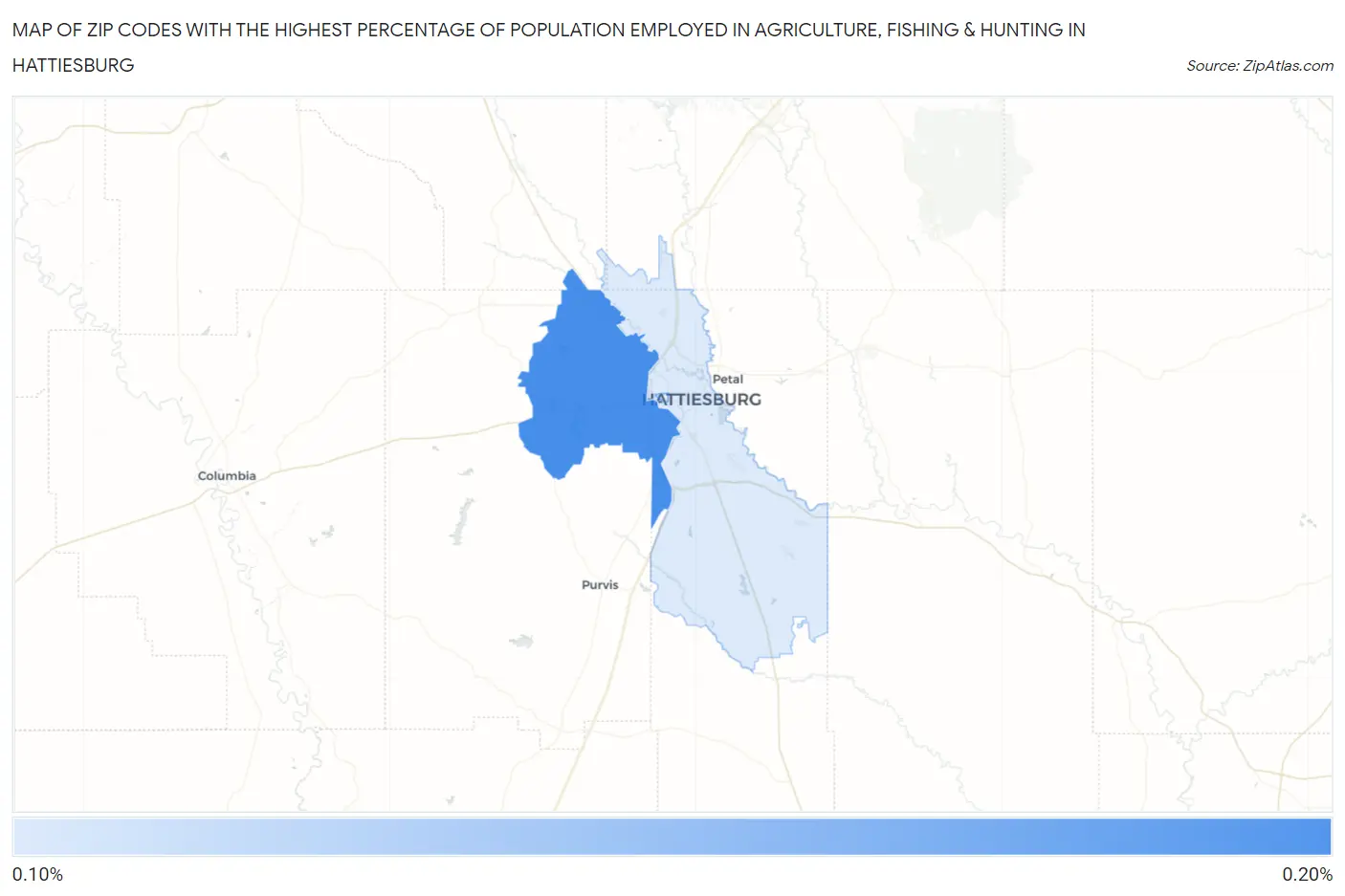 Zip Codes with the Highest Percentage of Population Employed in Agriculture, Fishing & Hunting in Hattiesburg Map