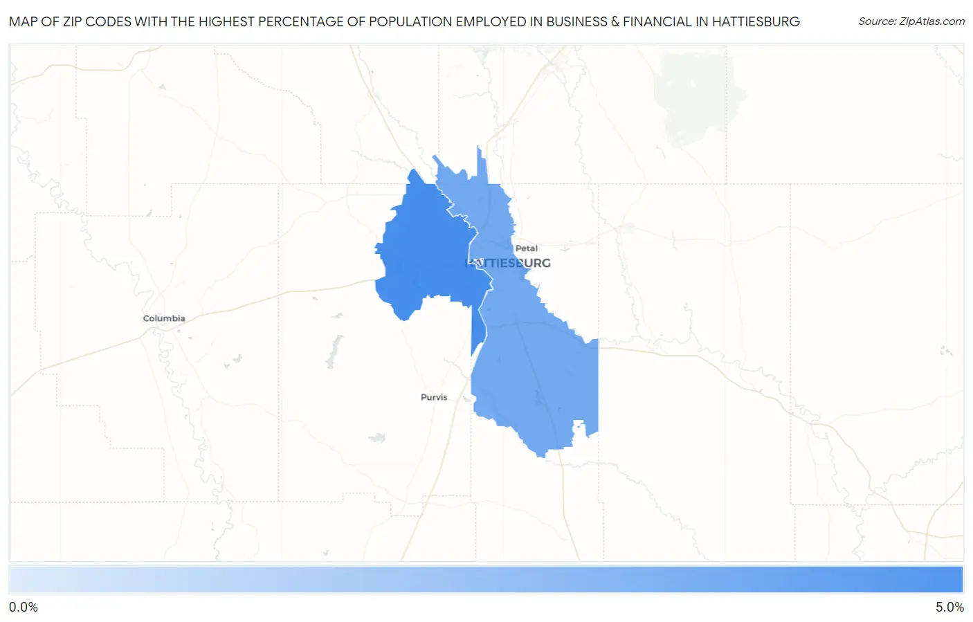Zip Codes with the Highest Percentage of Population Employed in Business & Financial in Hattiesburg Map