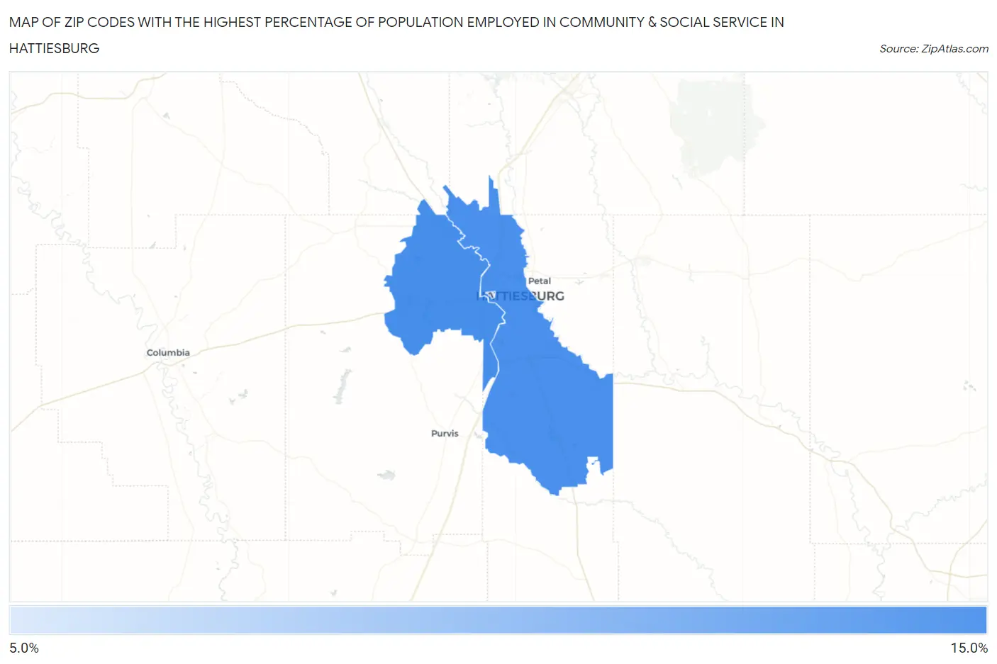Zip Codes with the Highest Percentage of Population Employed in Community & Social Service  in Hattiesburg Map