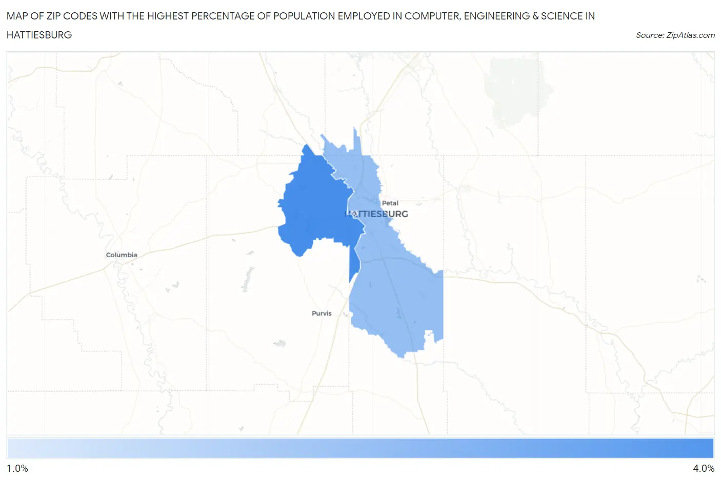 Zip Codes with the Highest Percentage of Population Employed in Computer, Engineering & Science in Hattiesburg Map