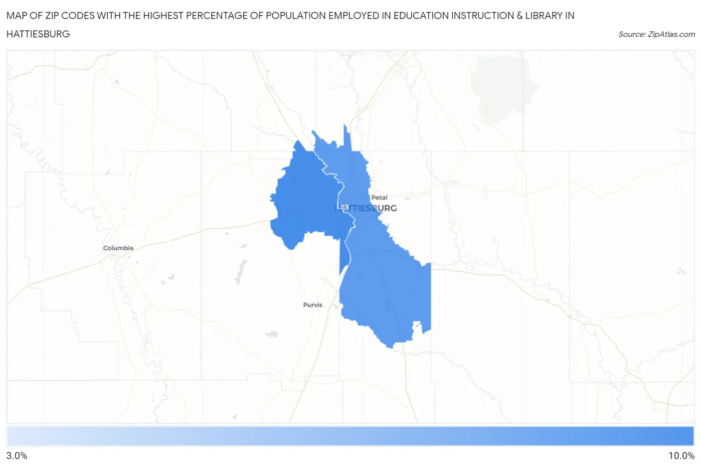Zip Codes with the Highest Percentage of Population Employed in Education Instruction & Library in Hattiesburg Map