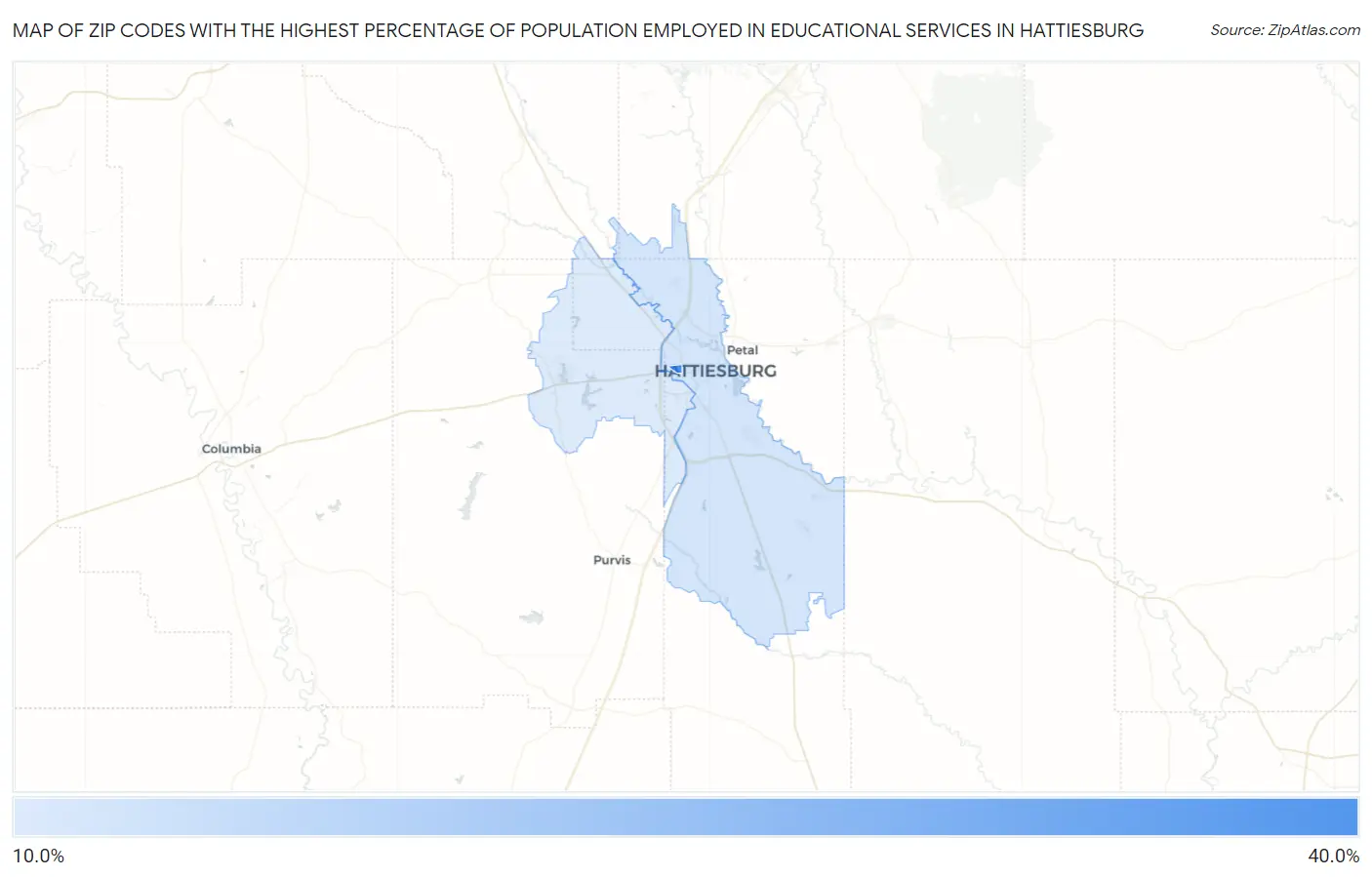 Zip Codes with the Highest Percentage of Population Employed in Educational Services in Hattiesburg Map