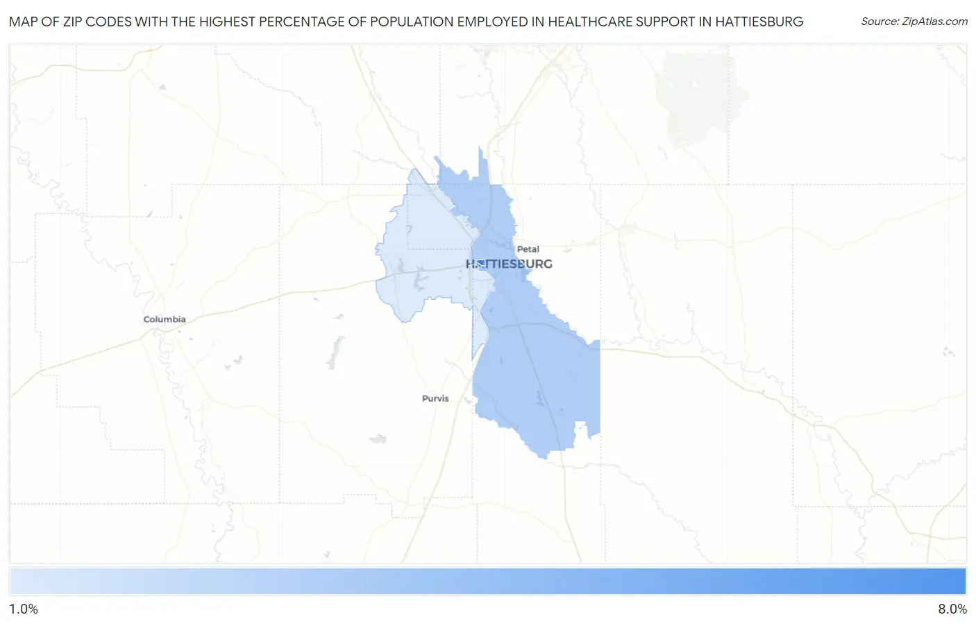 Zip Codes with the Highest Percentage of Population Employed in Healthcare Support in Hattiesburg Map