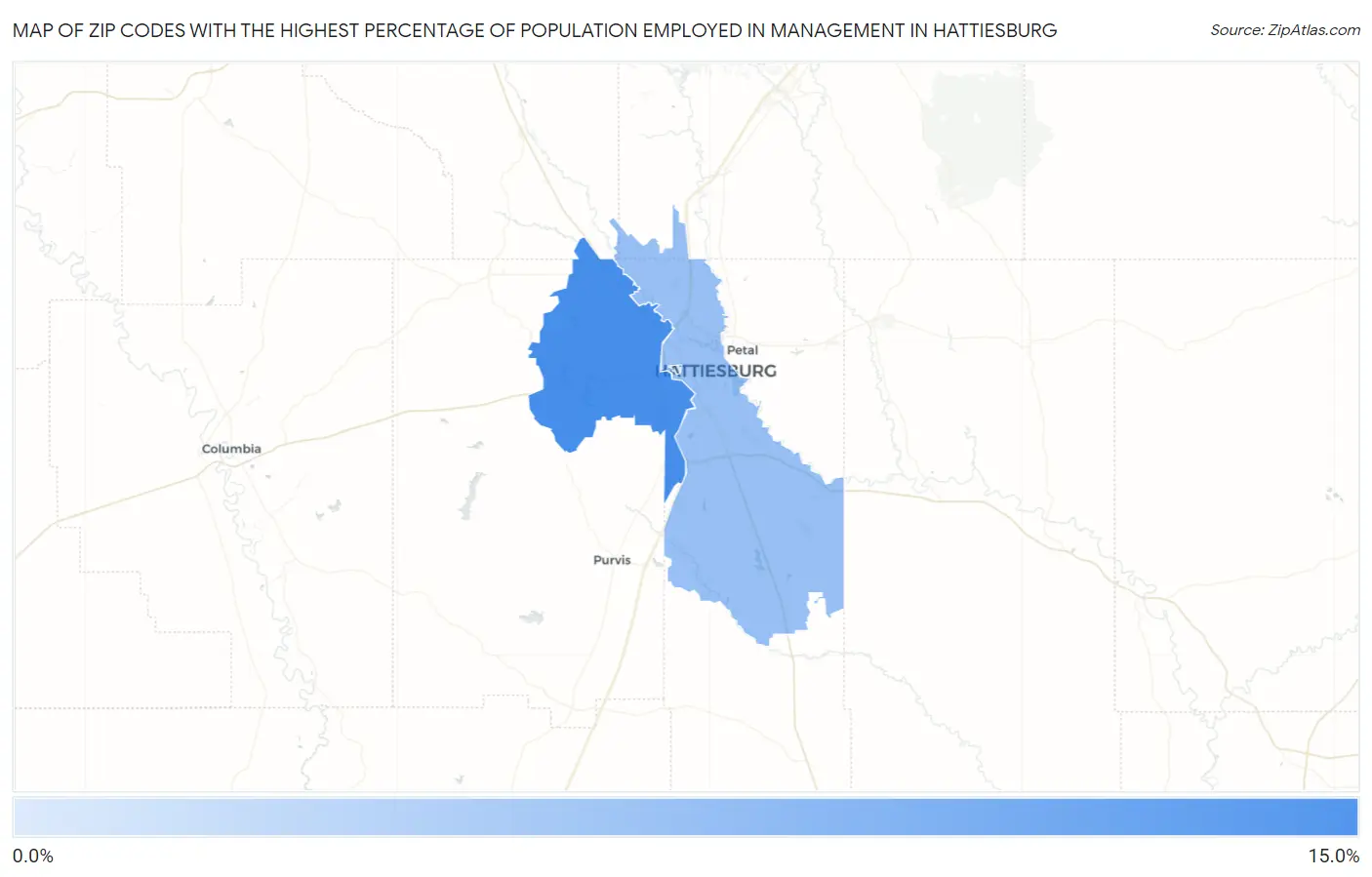 Zip Codes with the Highest Percentage of Population Employed in Management in Hattiesburg Map