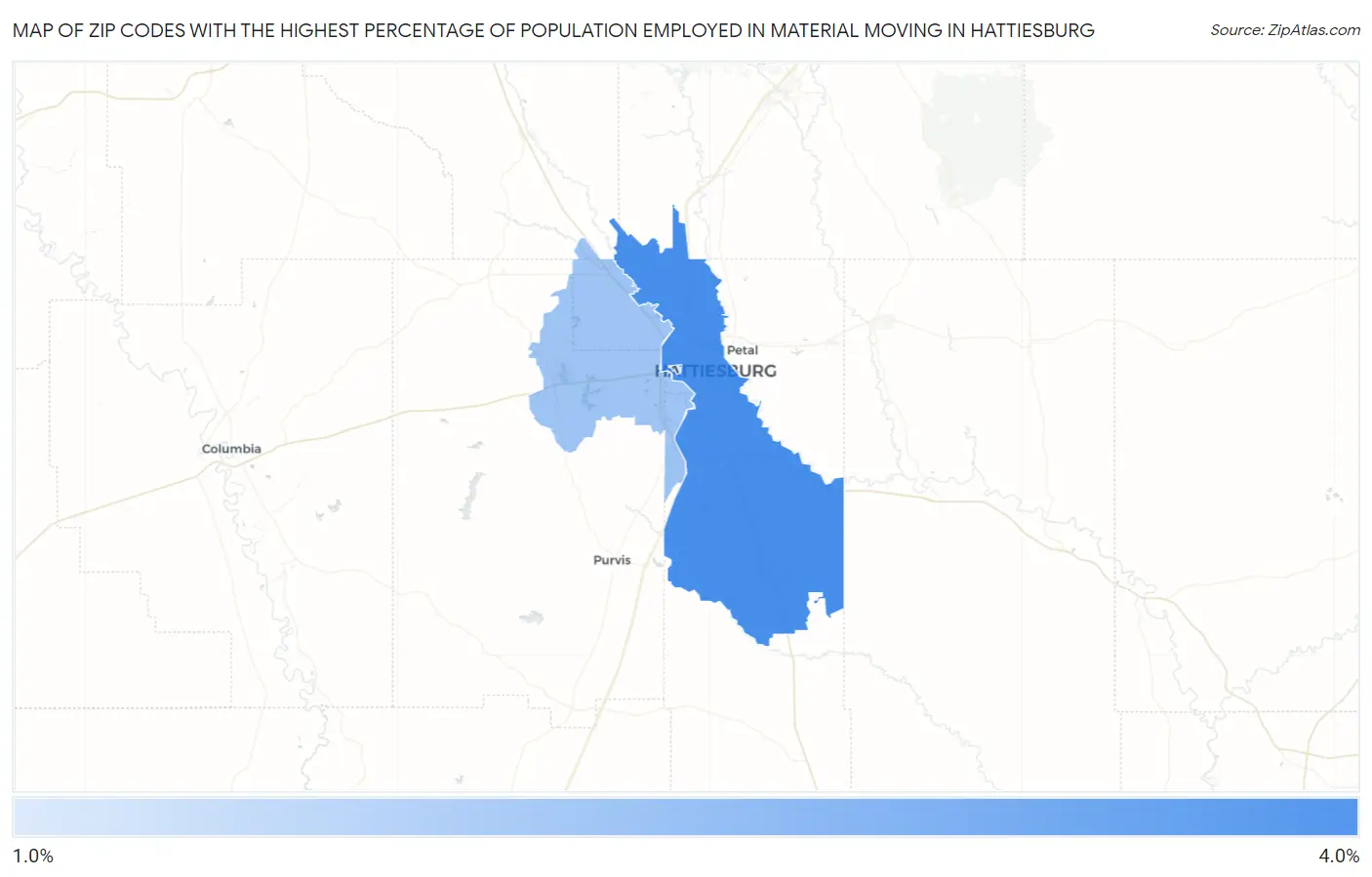 Zip Codes with the Highest Percentage of Population Employed in Material Moving in Hattiesburg Map